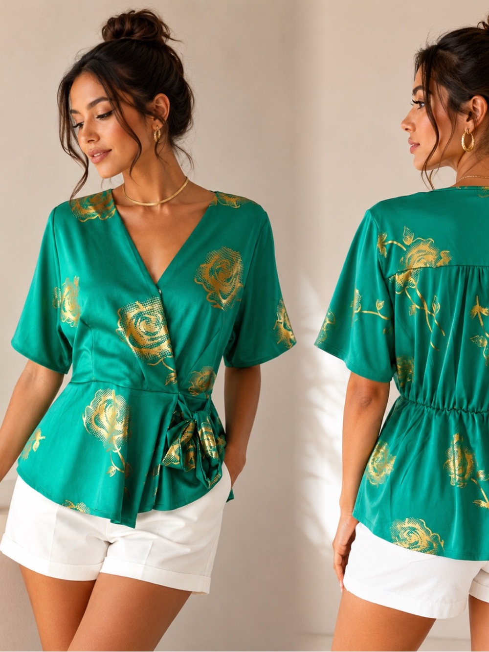 Green Floral Wrap Tie-Front Blouse with Gold Accents